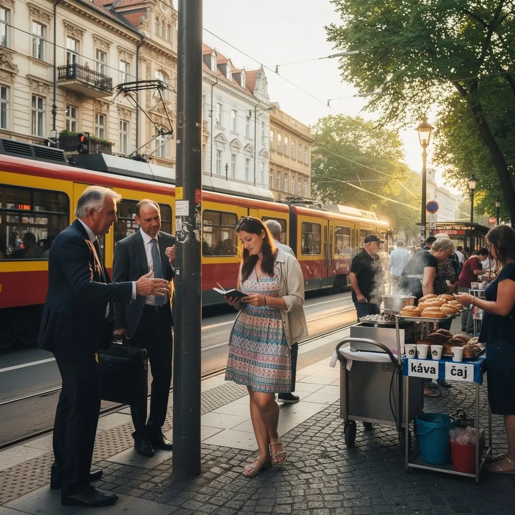 Pohled na historické náměstí s malebnými domy a kostelem v pozadí.