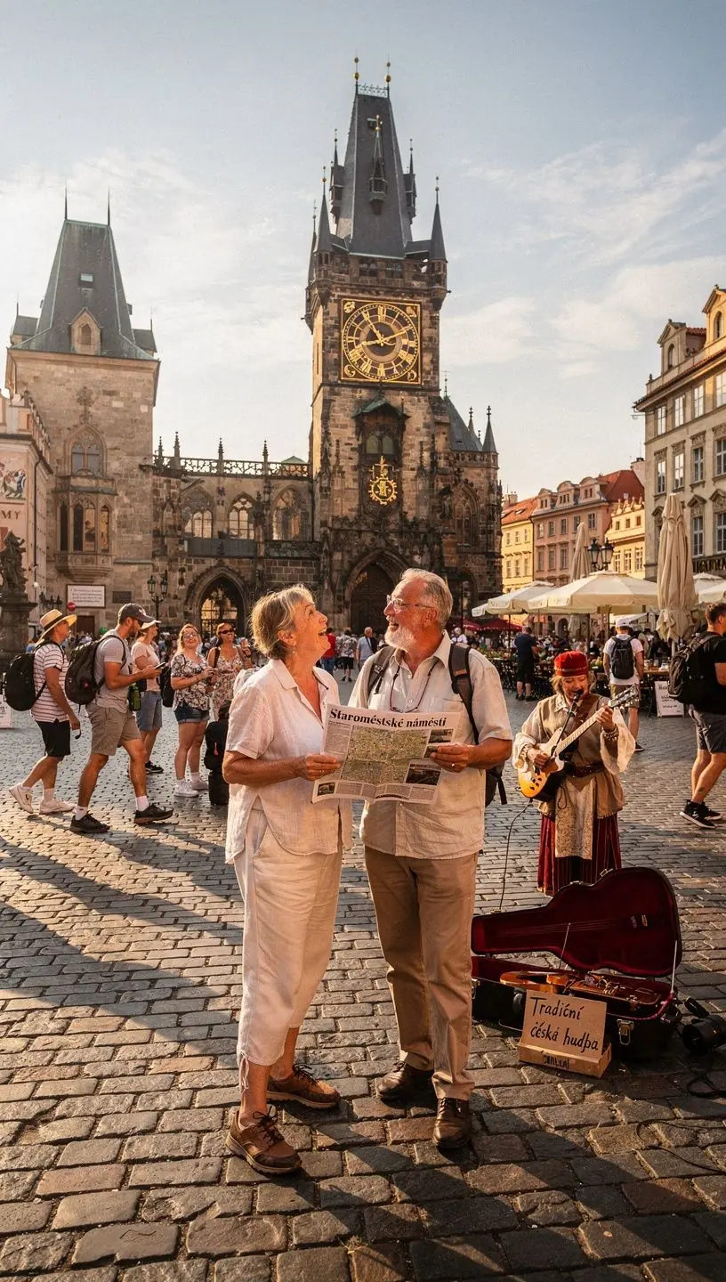 Značka s užitečnými frázemi v češtině umístěná na turistické trase.